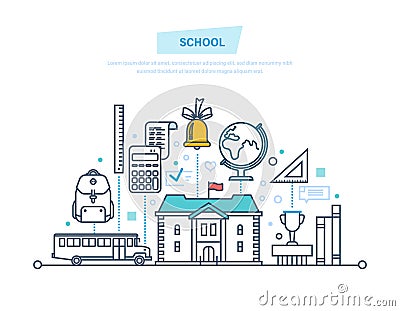 Education, school, distance learning, knowledge, teaching. Transportation of children, students. Vector Illustration