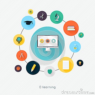 Education school university e-learning flat poster with monitor Vector Illustration