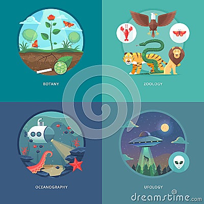 Education and science concept illustrations. Botany, zoology, oceanography and ufology . Science of life and origin of species. Vector Illustration