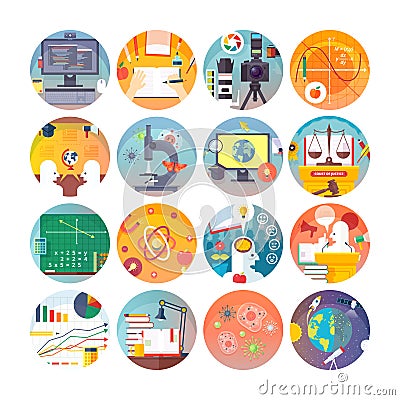 Education and science flat circle icons set. Subjects and scientific disciplines. Vector Illustration