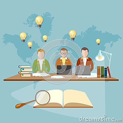 Education students in the library of the university and college Vector Illustration