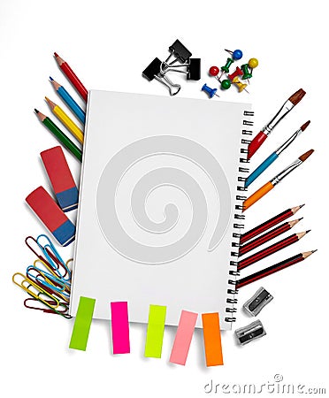 education supply school background pencil pen learning back to supplies book notebook crayon paper Stock Photo