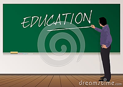A teacher writes the word, education on the board. Stock Photo