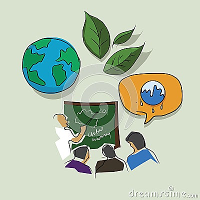 Education and training on global warming eco environment issue green ecology awareness drawing sketch in color Vector Illustration