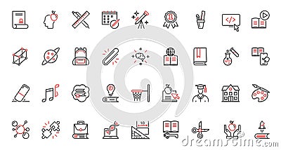 Education trendy red black thin line icons set, school and university technology, stationery for student. Vector Illustration