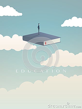 Education vector concept. Businessman or student standing on book looking at future. Symbol of career, job, graduate Vector Illustration