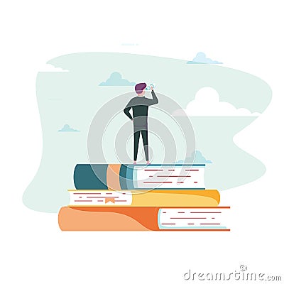 Education vector concept. Businessman or student standing on book looking at future. Symbol of career, job Vector Illustration