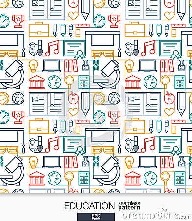 Education wallpaper. School and university connected seamless pattern. Vector Illustration