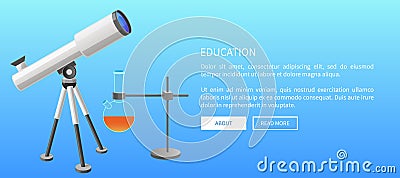 Education Web Banner Telescope and Metal Retort Vector Illustration