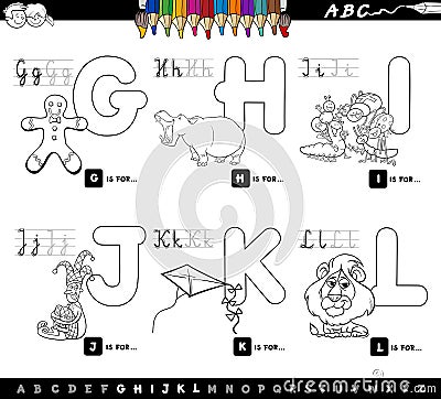 Educational cartoon alphabet for kids coloring page Vector Illustration