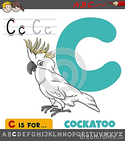 Letter C worksheet with cartoon cockatoo bird Vector Illustration