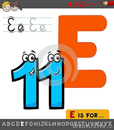 Letter E worksheet with cartoon eleven number Vector Illustration