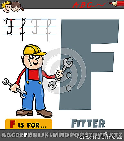 letter F from alphabet with fitter professional occupation Vector Illustration