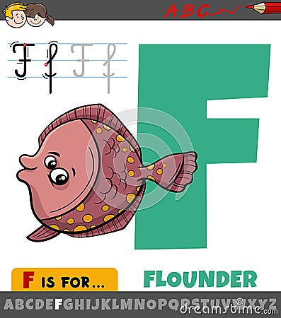 Letter F from alphabet with cartoon flounder animal Vector Illustration