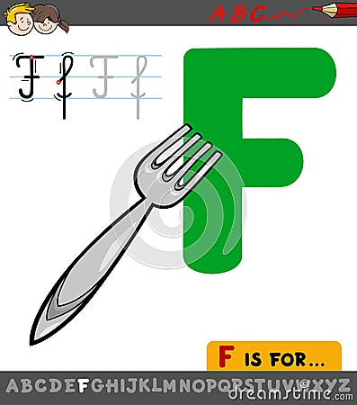 Letter F worksheet with cartoon fork Vector Illustration