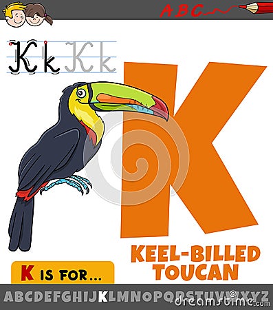 Letter K from alphabet with cartoon keel billed toucan Vector Illustration