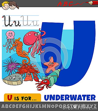 Letter U from alphabet with cartoon underwater animals Vector Illustration