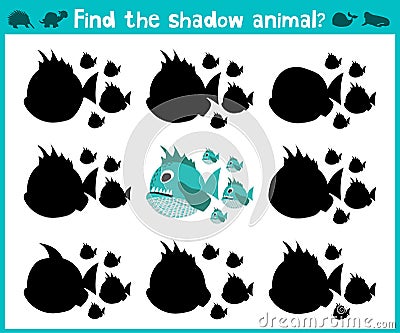 Educational children cartoon game for children of preschool age. Find the right shadow of a predatory fish of the Amazon river pir Cartoon Illustration