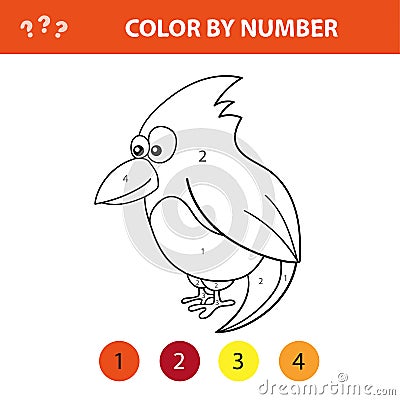 Educational children game. Color the picture by number. Coloring book with bird Vector Illustration
