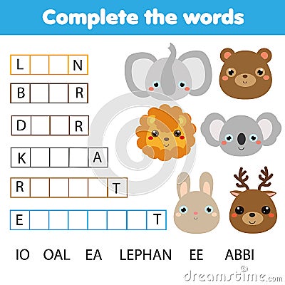 Educational children game. Complete the words kids activity. Animals theme. Learning vocabulary Vector Illustration