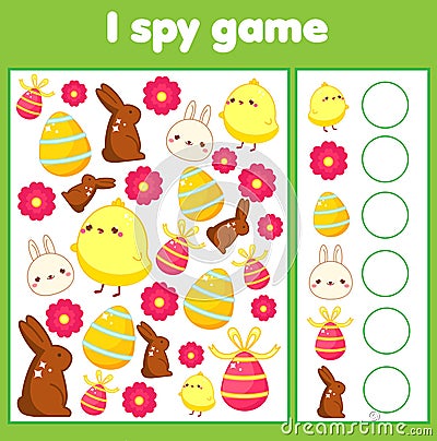 Educational children game. I spy sheet for toddlers. Find and count Easter activty for kids Vector Illustration