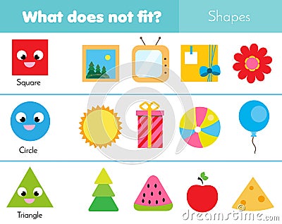 Educational children game. Logic game. What does not fit type. learning geometric shapes for kids and toddlers Vector Illustration