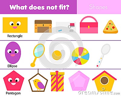 Educational children game. Logic game. What does not fit type. learning geometric shapes for kids and toddlers Vector Illustration