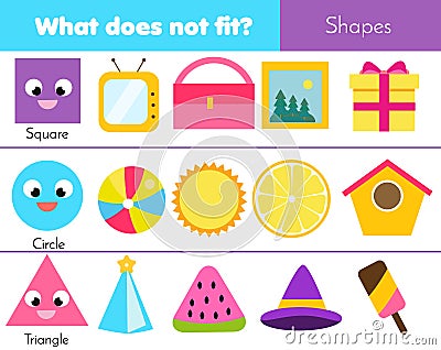 Educational children game. Logic game. What does not fit type. learning geometric shapes for kids and toddlers Vector Illustration