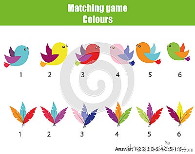 Educational children game. Match by color. Find pairs of birds and feathers Vector Illustration