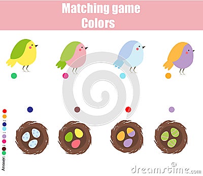 Educational children game. Match by color. Find pairs of birds and nests Vector Illustration