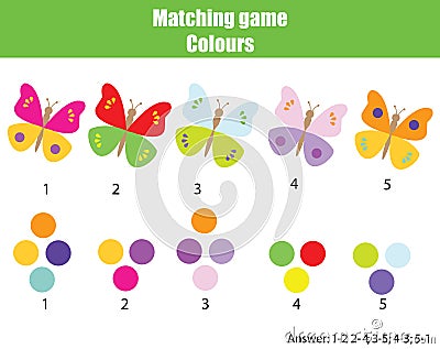 Educational children game. Match by color. Find pairs of butterflies and colors Vector Illustration