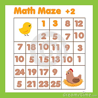 Educational children game. Mathematics maze. Labyrinth with numbers. Help chicken find mother Vector Illustration