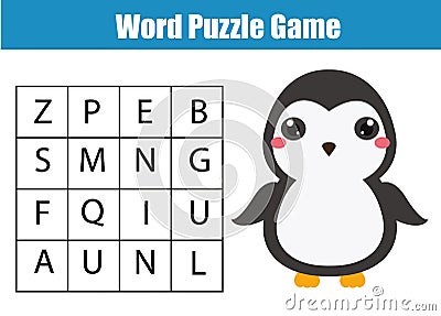 Educational children game. Word search puzzle kids activity. Animals theme. Learning vocabulary Vector Illustration