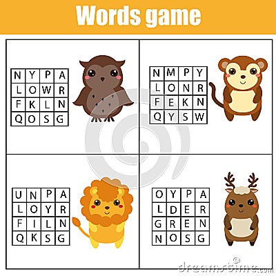 Educational children game. Word search puzzle kids activity. Animals theme. Learning vocabulary Vector Illustration