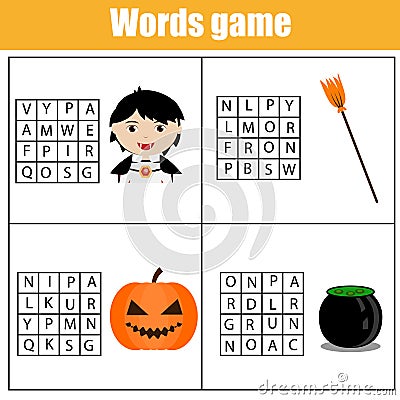 Educational children game. Word search puzzle kids activity. Learning vocabulary. Halloween theme Vector Illustration