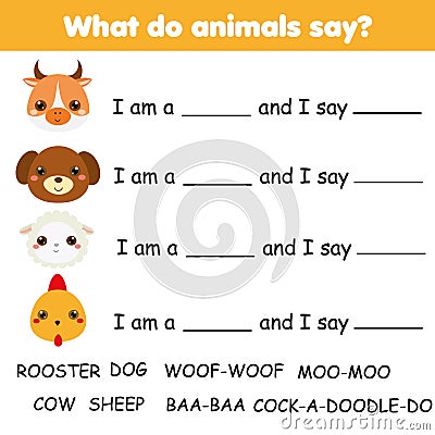 Educational children game. Words puzzle. Learning animals sounds Vector Illustration