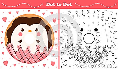Educational coloring page with dot to dot puzzle for kids with penguin shape sweet donut in cartoon style Vector Illustration