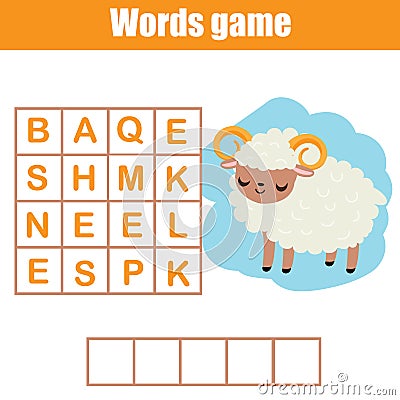 Educational game for children. Animals theme word search puzzle. Vector Illustration