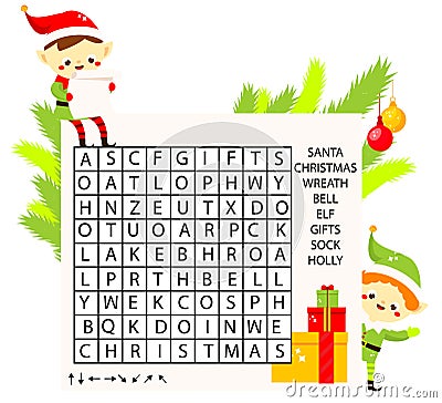 Educational game for children. Christmas Word search puzzle kids activity. new year theme learning vocabulary. Vector Illustration