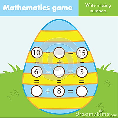 Educational game for children. Complete equations. Study Subtraction and addition. Easter theme mathematics worksheet for kids Vector Illustration