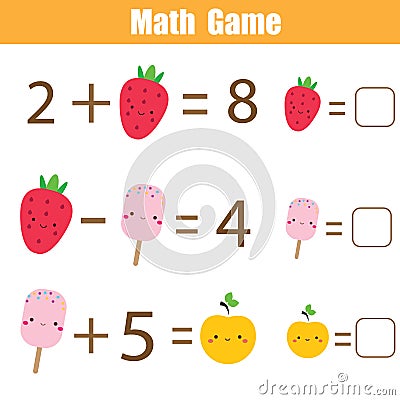 Educational game for children. Complete equations. Study Subtraction and addition Vector Illustration