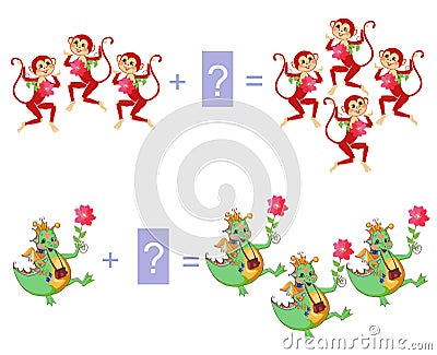 Educational game for children. Examples with cute colorful monkeys and dino. Vector Illustration