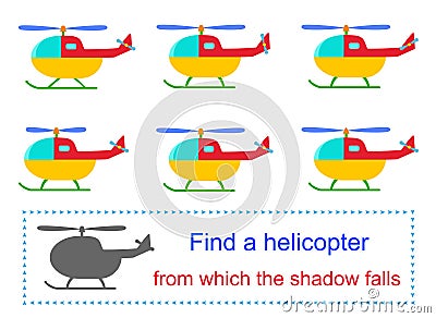 Educational game for children. Find a helocopter from which the shadow falls. Vector Illustration