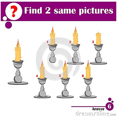 Educational game for children. Find two same pictures. Set of wax candles in metal candlesticks Vector Illustration