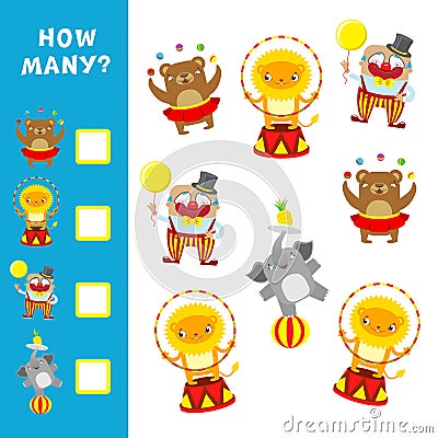 Educational game for children. How many circus characters. Vector calculation activity Vector Illustration