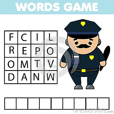 Educational game for children. Learning Job and work theme word search puzzle for kids. Policeman profession Vector Illustration