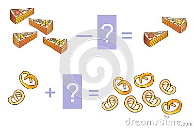 Educational game for children. Mathematical addition and subtraction. Examples with cakes and biscuits. Cartoon Illustration