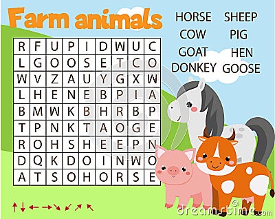 Educational game for children. Word search puzzle kids activity. Farm animals theme. learning vocabulary for toddlers Vector Illustration