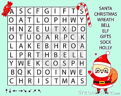 Educational game for children. Word search puzzle kids activity. New Year and christmas theme learning vocabulary Vector Illustration