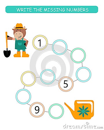 Educational game for children. Write missing numbers. Worksheet activity. Vector Illustration